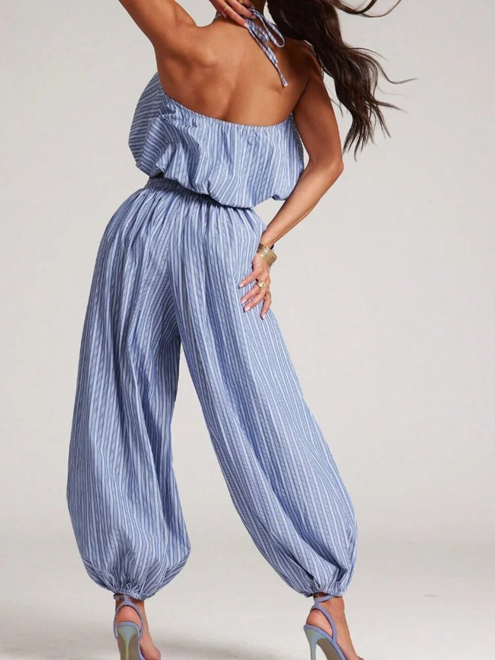 Blue Sexy Women's Matching Set Top and Pant with Halter Hem Striped Joggers